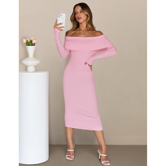 Merokeety Women's Lightpink Off Shoulder Long Sleeve Elegant Bodycon Dress - Picture 7 of 9